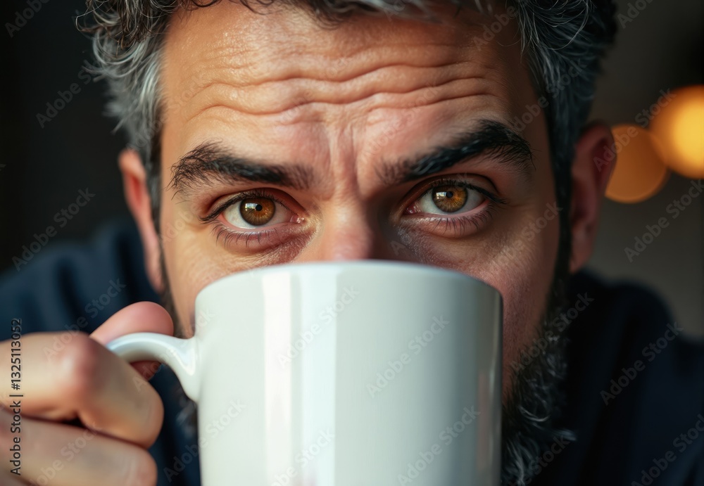Close-up of Man with Mug Obscuring Face Close-up of Man with Mug Obscuring Face