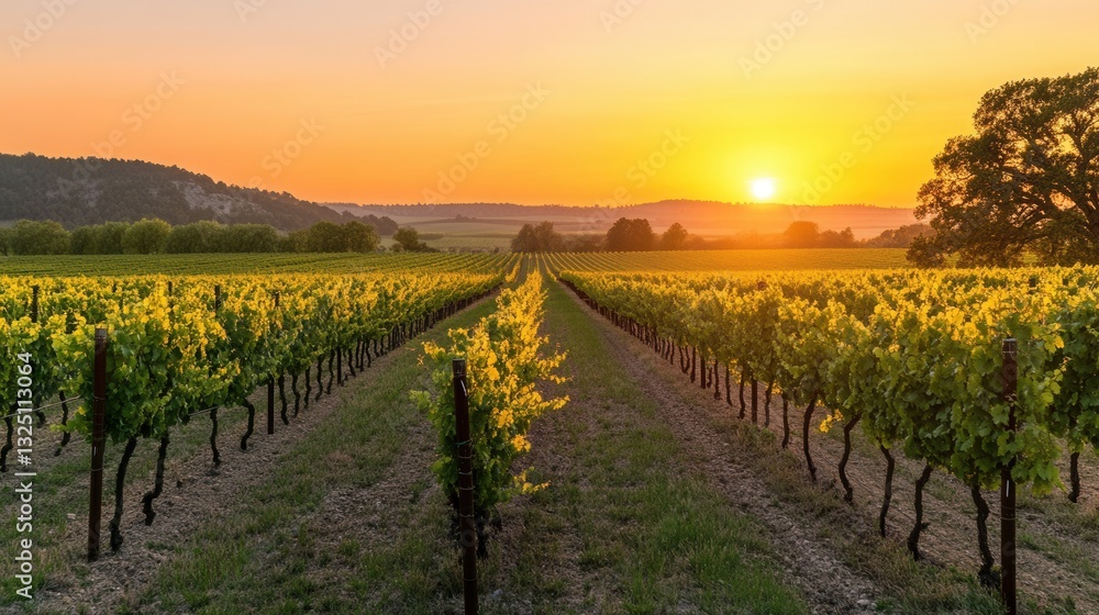 Fototapeta premium Lush vineyard rows glow in warm orange sunset over serene countryside landscape