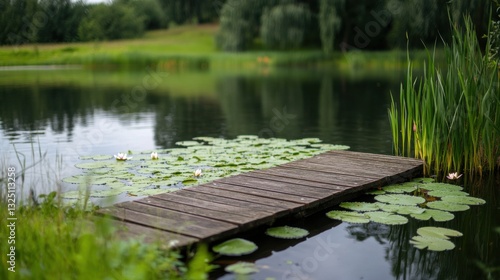 A peaceful countryside pond with lily pads and a small wooden dock