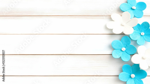 White and Blue Flower Illustration on Wood Background