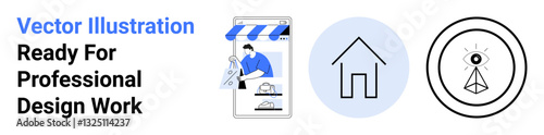 E-commerce storefront with a person adjusting products, a simple house icon, and an abstract eye-centered symbol. Ideal for e-commerce, home living, real estate, security, design, branding flat