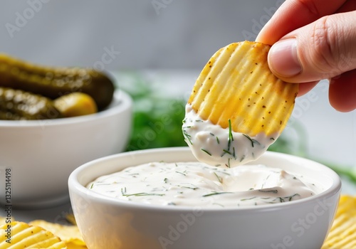 Wavy potato chips are dipped into a creamy dill dip with fresh dill and pickles nearby
