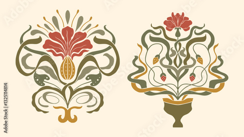  Floral Art Nouveau  Frame Seamless Vintage Pattern and Greeting Birthday Card Ornate Folk Motif Vector Set
