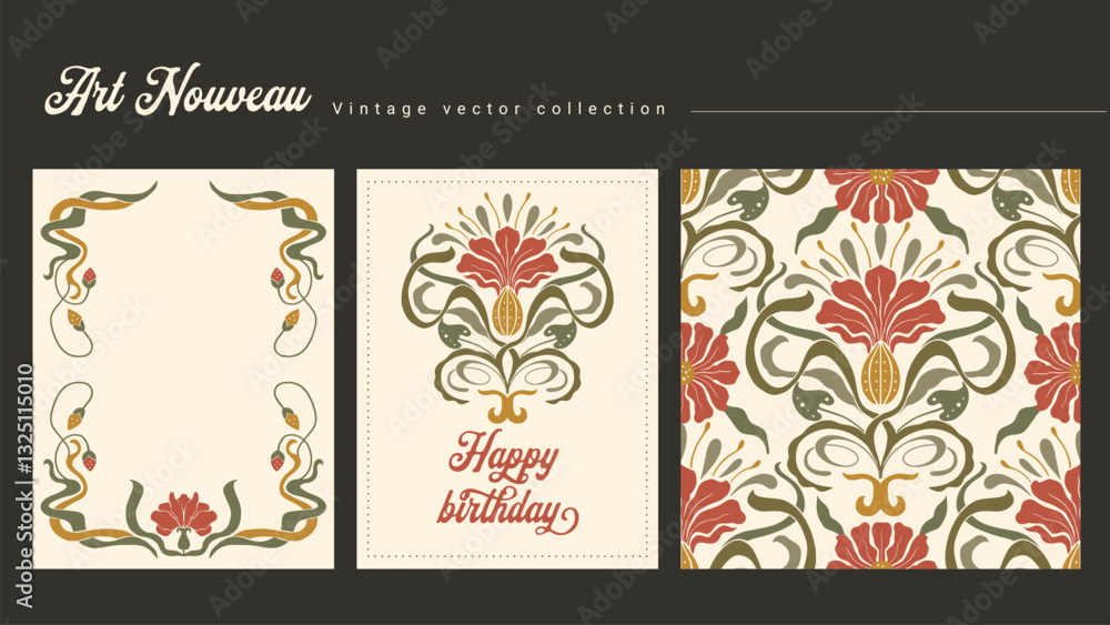 Naklejka premium Floral Art Nouveau Frame Seamless Vintage Pattern and Greeting Birthday Card Ornate Folk Motif Vector Set