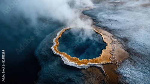 A natural hot spring surrounded by steamy mist and vibrant minerals