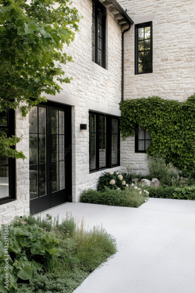 Modern stone house surrounded by lush greenery in a serene outdoor setting, showcasing elegant architecture and carefully designed landscaping during daytime Modern stone house surrounded by lush greenery in a serene outdoor setting, showcasing elegant architecture and carefully designed landscaping during daytime