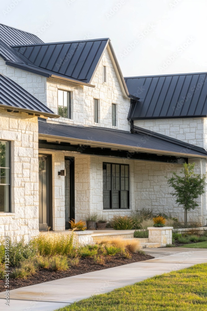 Modern stone home with a black metal roof and landscaped front yard during late afternoon light in a peaceful residential neighborhood Modern stone home with a black metal roof and landscaped front yard during late afternoon light in a peaceful residential neighborhood