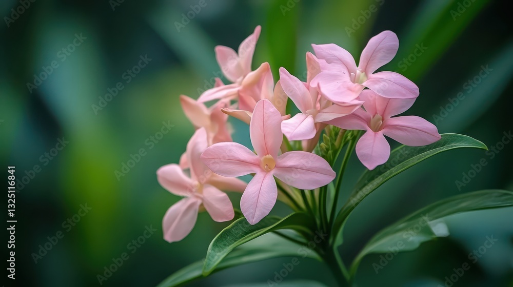 Close up view of beautiful pink flowers and green leaves Close up view of beautiful pink flowers and green leaves