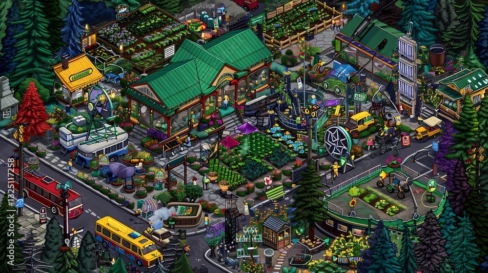 Obraz premium Detailed graphic scene of Earth Day featuring community gardens eco friendly transportation renewable energy installations set in a vibrant urban landscape with a focus on sustainability