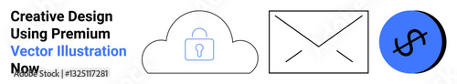 Padlock in cloud icon, envelope symbol, dollar coin, representing security, communication, finances. Ideal for data privacy, messaging apps, fintech cybersecurity online services flat landing page