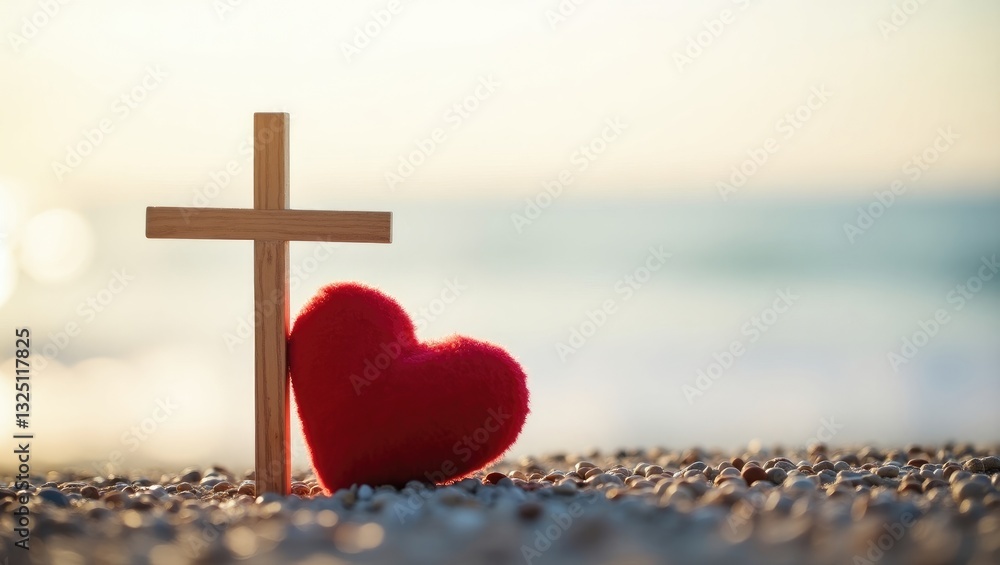 Red heart alongside a wooden Christian cross on a gravel surface in the morning light, with the beach and sea as the backdrop.