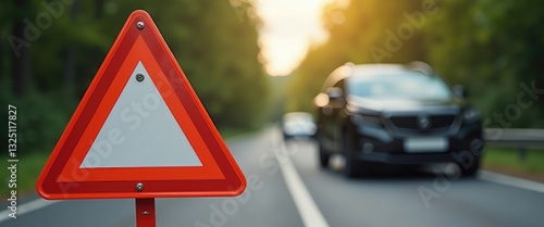 Red emergency stop triangle sign on the road in a scene of car accident. Damaged SUV vehicle on the road following a traffic accident. Car crash traffic accident after a collision. Long web banner.