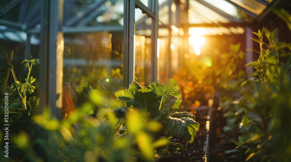 Fototapeta premium A vibrant greenhouse filled with plants, bathed in warm sunlight.
