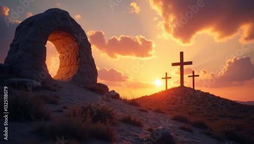 Resurrection - Empty Tomb And Crosses With Crucifixion At Sunrise And Abstract Defocused Lights