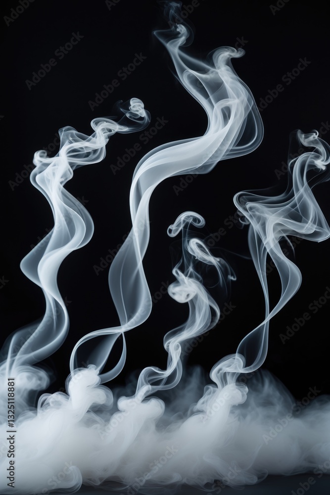 Set abstract fog or white smoke evaporates and transforms, with white smoke image becoming vapor that splits into sections against a black background, creating a fog effect, where smoke rises from ...