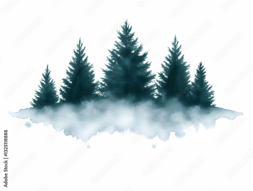 Watercolor Illustration of Pine Trees in Fog Watercolor Illustration of Pine Trees in Fog