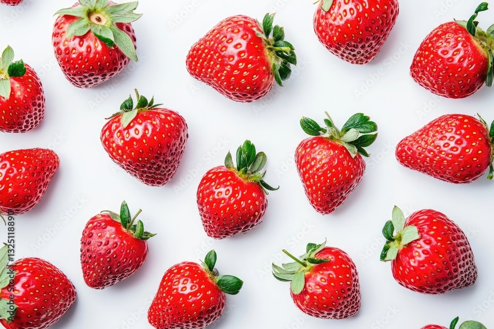 Fresh, vibrant strawberries arranged artfully on a white background. Each berry displays a rich, red hue and fresh green leaves Fresh, vibrant strawberries arranged artfully on a white background. Each berry displays a rich, red hue and fresh green leaves