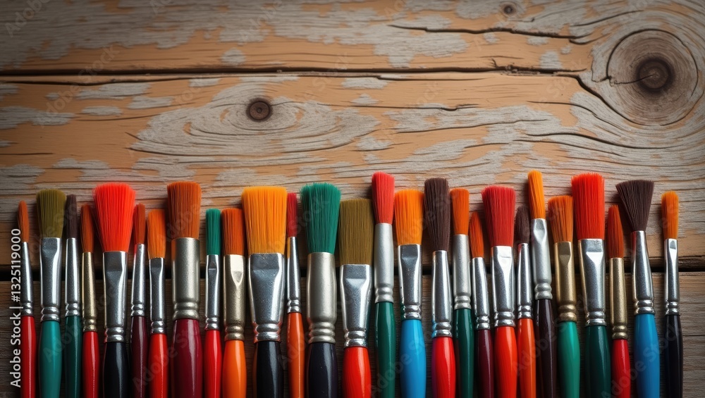 Fototapeta premium Row of artist paintbrushes seen up close on a rustic wooden table, styled in a retro manner.