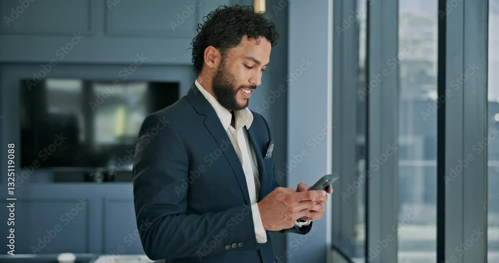Smile, business and man with phone in office for reading email, schedule update and financial planning. Accountant, mobile and research with budget growth, finance report and investment notification Smile, business and man with phone in office for reading email, schedule update and financial planning. Accountant, mobile and research with budget growth, finance report and investment notification