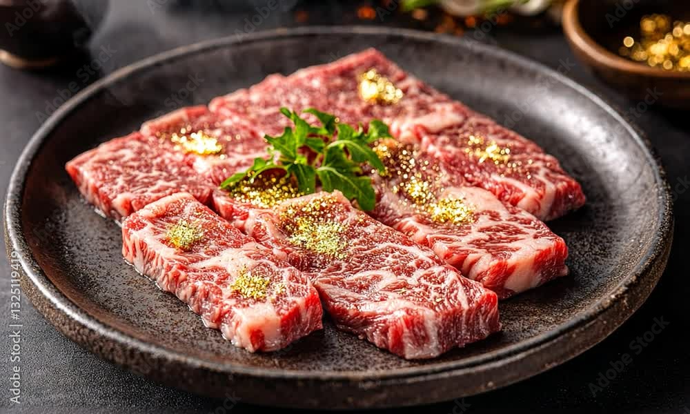Freshly prepared marbled beef slices garnished with herbs on a rustic plate, ready for grilling Freshly prepared marbled beef slices garnished with herbs on a rustic plate, ready for grilling