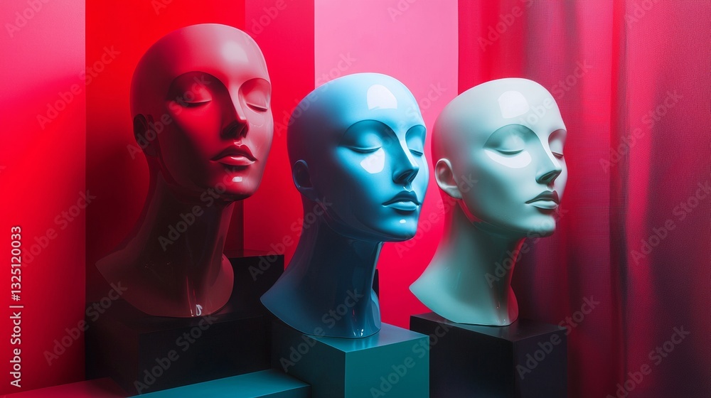 Fototapeta premium Colorful mannequin heads in a futuristic neon-lit composition