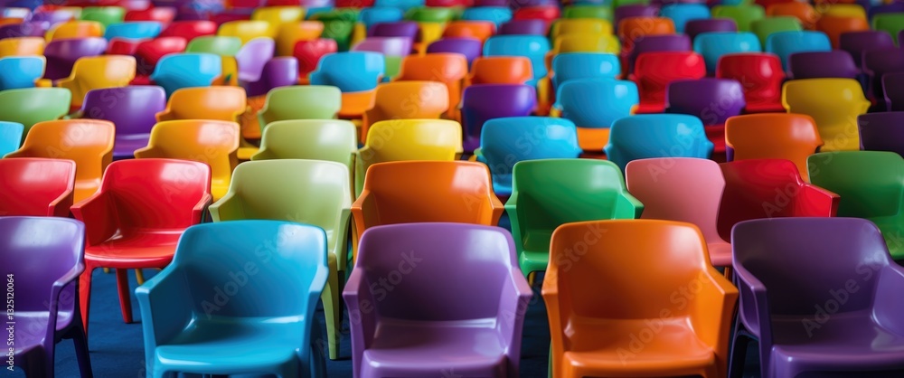 Rows of vibrant, plastic chairs and armchairs. Rows of vibrant, plastic chairs and armchairs.