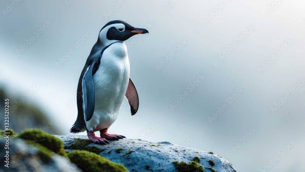 Fototapeta premium Selective focus photograph of a penguin perched on a rock.