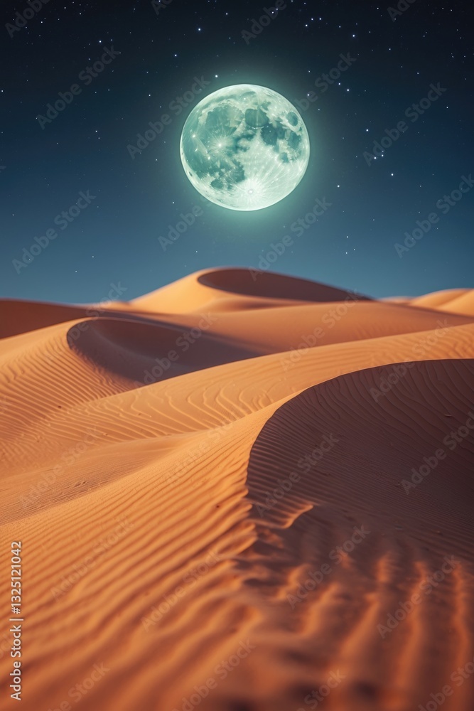 Naklejka premium Sand dunes illuminated by full moon - Orange dunes in the desert