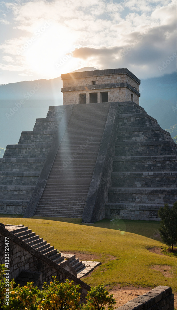 Majestic Aztec pyramid under morning sun, ancient wonder Majestic Aztec pyramid under morning sun, ancient wonder