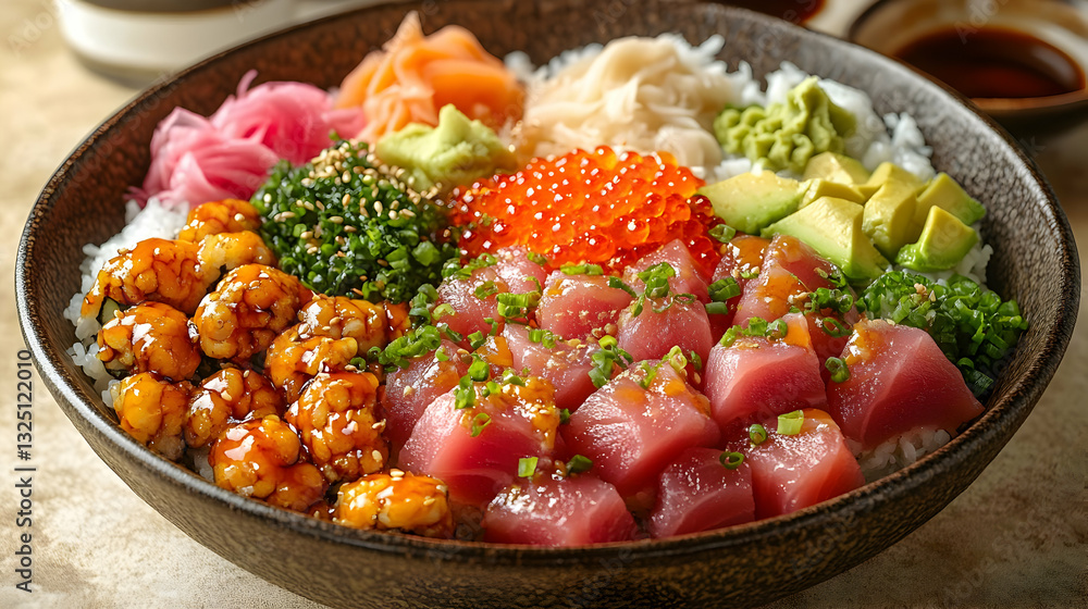 Colorful Japanese Rice Bowl With Seafood And Vegetables Colorful Japanese Rice Bowl With Seafood And Vegetables