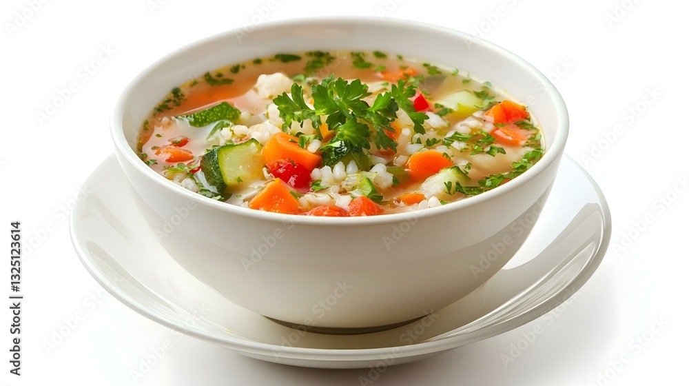 Healthy vegetable soup with rice in a white bowl Healthy vegetable soup with rice in a white bowl