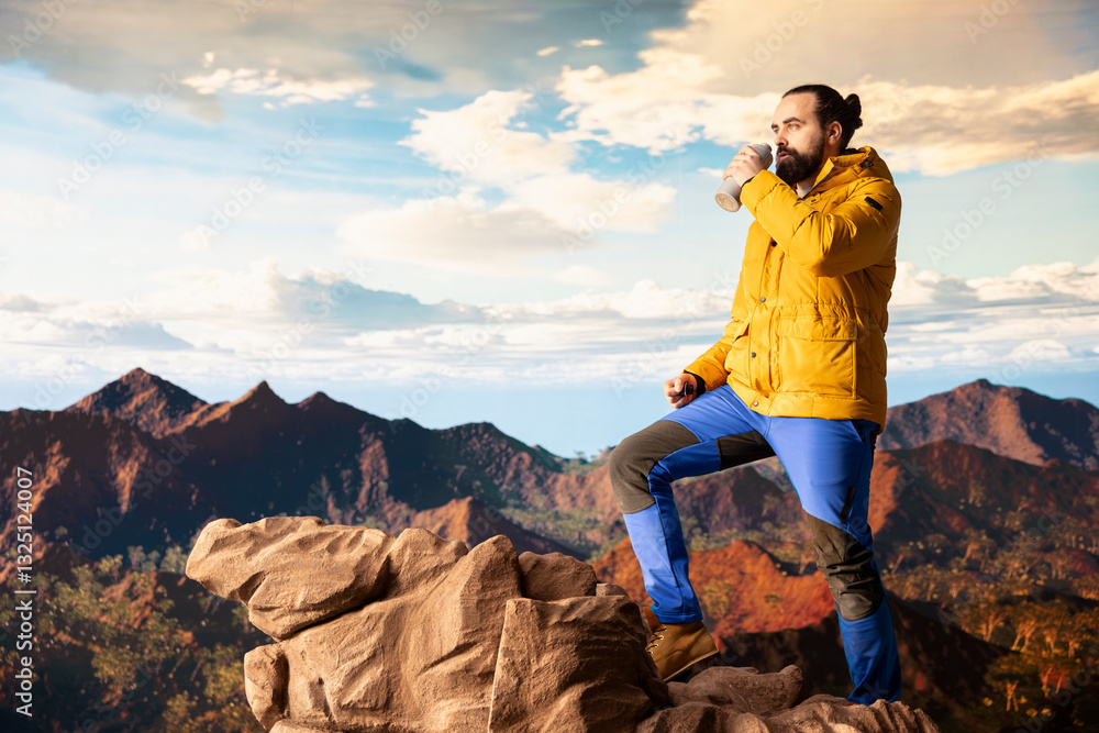Naklejka premium Nature lover climber hiking the mountain range and stops for hydration, admiring the scenic landscape and the wilderness. Young explorer hydrating and using his water bottle to drink.