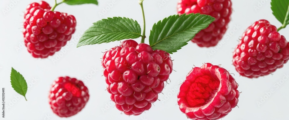 Red raspberries isolated with green leaf. Collection of raspberries with leaves in mid-air. Full depth of field. Red raspberries isolated with green leaf. Collection of raspberries with leaves in mid-air. Full depth of field.
