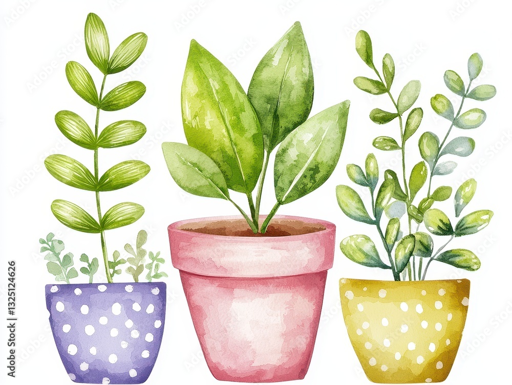 Obraz premium Colorful potted plants in a cheerful watercolor style.