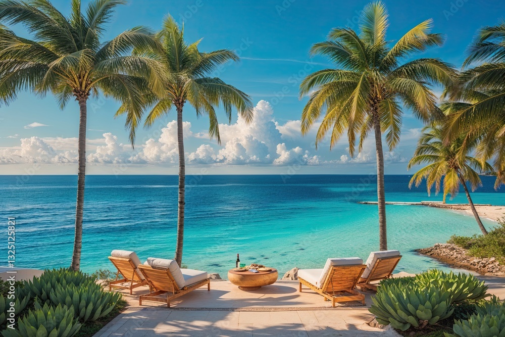 Fototapeta premium Serene Beach Getaway with Lush Palm Trees and Crystal Clear Ocean View