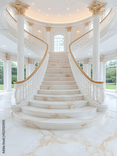 Grand, curved staircase in a luxurious, light-filled foyer