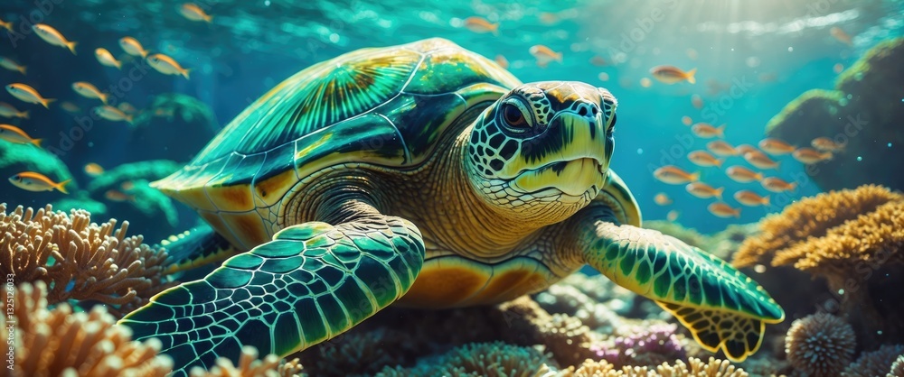 Fototapeta premium Diving in the Red Sea, a large sea turtle rests on a vibrant coral reef.
