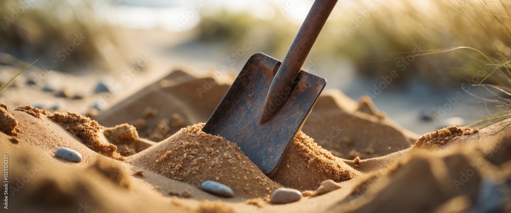 Rusty shovel digging into sand