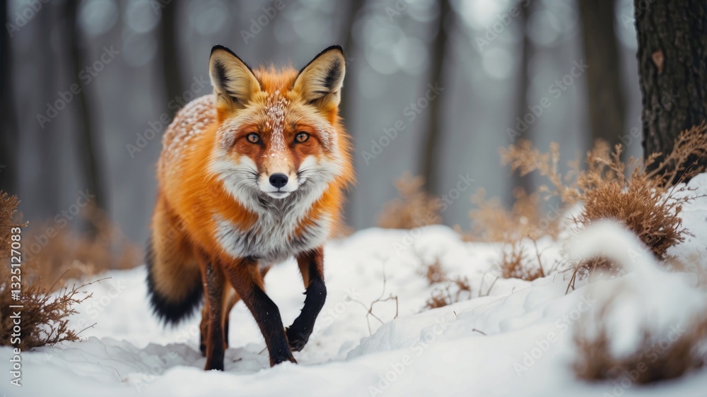 Fototapeta premium Run Fox hunting, wildlife scene. An animal with an orange fur coat in its natural habitat. Fox in a winter forest meadow, surrounded by white snow.