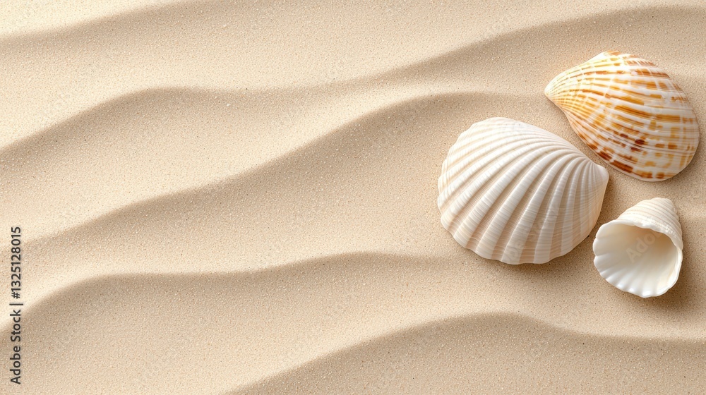 Three Seashells on Rippled Beige Sand, Calm Beach Scene with Empty Space for Text and Graphics Three Seashells on Rippled Beige Sand, Calm Beach Scene with Empty Space for Text and Graphics