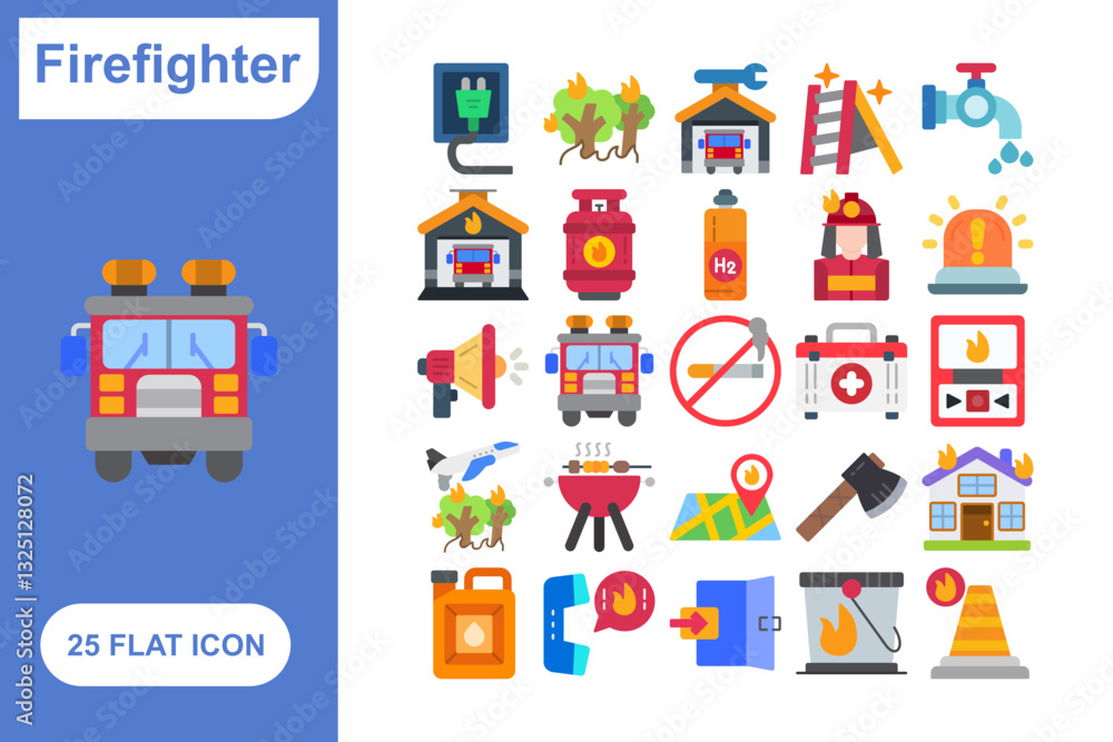 Firefighter Flat Icon Set, Collection of 25 Firefighter Flat Icon Set – 25 Emergency, Rescue, and Fire Safety Icons Firefighter Flat Icon Set, Collection of 25 Firefighter Flat Icon Set – 25 Emergency, Rescue, and Fire Safety Icons
