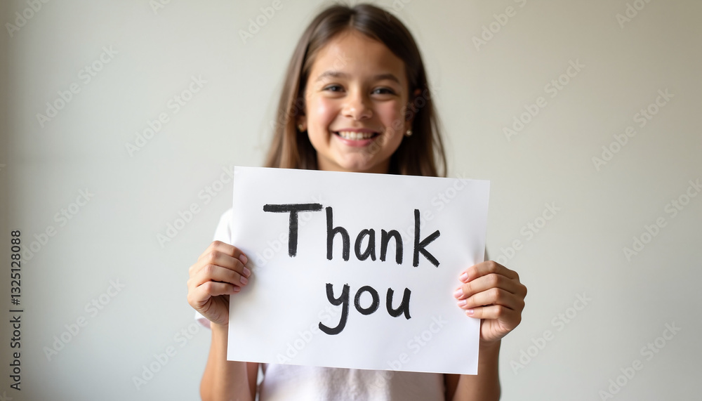 Smiling girl holding thank you sign against plain background Smiling girl holding thank you sign against plain background