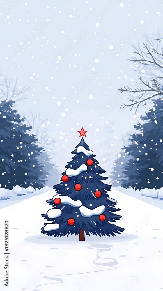 Fototapeta premium Decorated Christmas tree in snowy winter forest