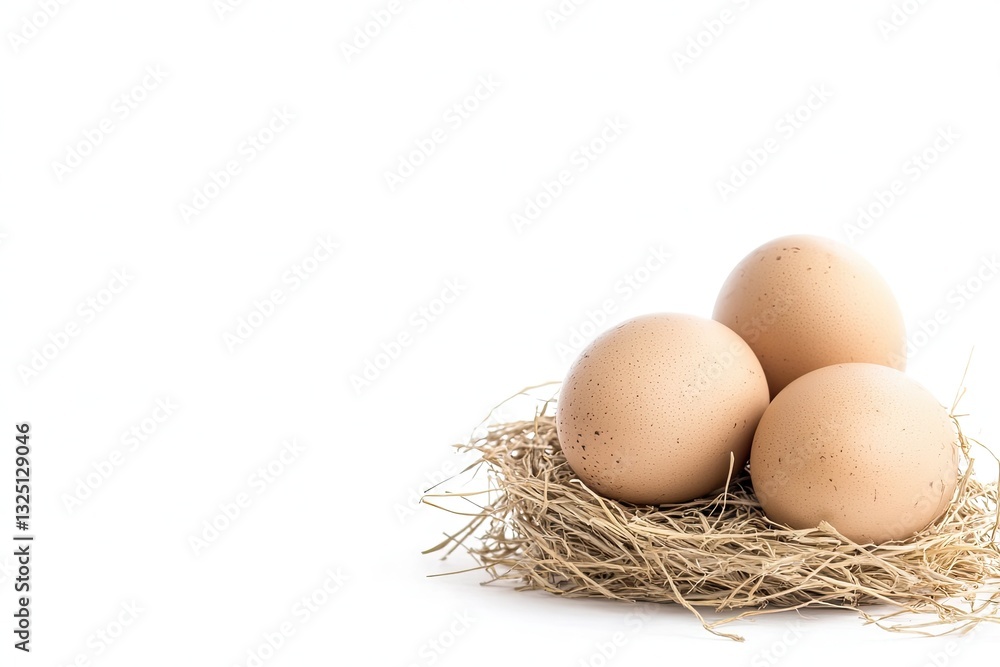 Three eggs nestled in a straw nest Three eggs nestled in a straw nest