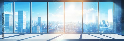 Panoramic cityscape through sunlit glass windows