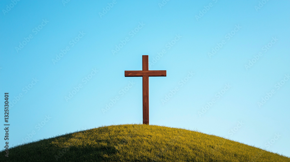Holzkreuz steht einsam auf sanfter Hügelwiese unter blauem Himmel
Holzkreuz steht einsam auf sanfter Hügelwiese unter blauem Himmel