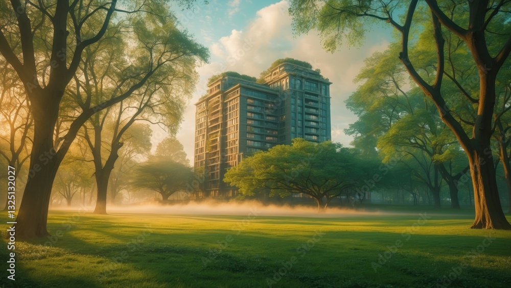 Residential building situated in the public green park at sunrise. Residential building situated in the public green park at sunrise.