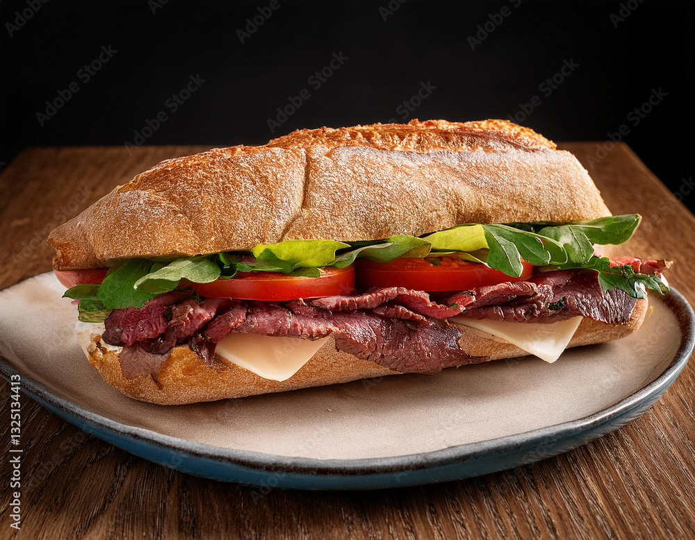 Obraz premium A delicious roast beef sandwich with fresh vegetables is placed on a wooden surface against a dark background.