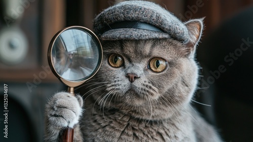 Cat Detective with Magnifying Glass in Vintage Style Attire