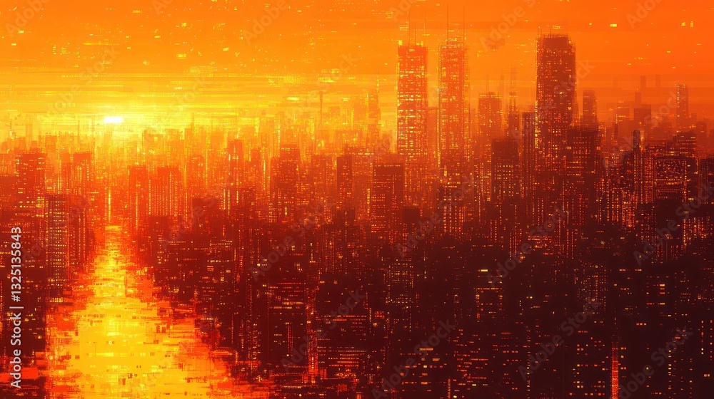 An orange cityscape illuminated by the setting sun and its vibrant glow An orange cityscape illuminated by the setting sun and its vibrant glow